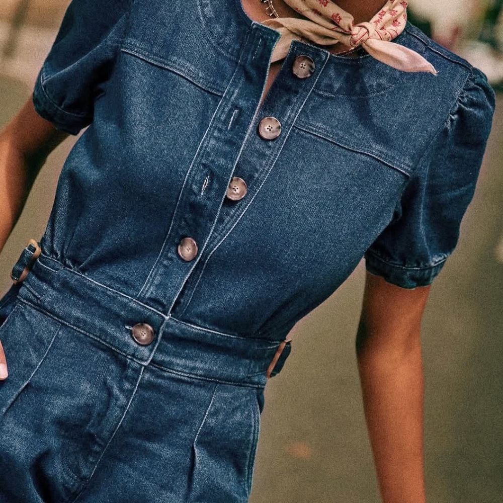 Sezane Indigo Button-Up Jumpsuit